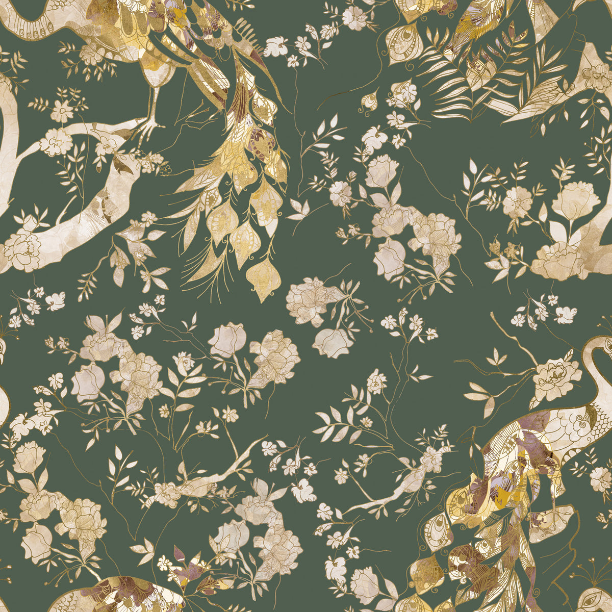 Olive Green Vintage Peacock Wallpaper⁠ in your room