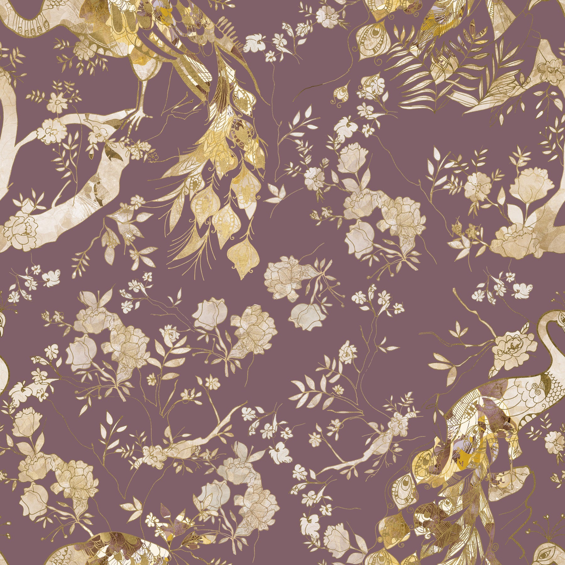 Living room styled with Heritage Plum Wallpaper and soft bird floral artwork