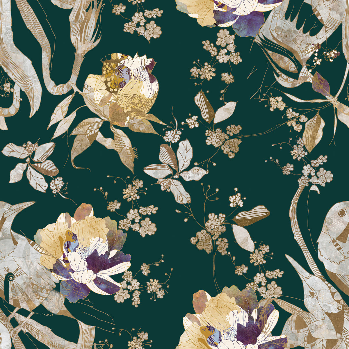 Navy Floral Bird Wallpaper⁠ in your room
