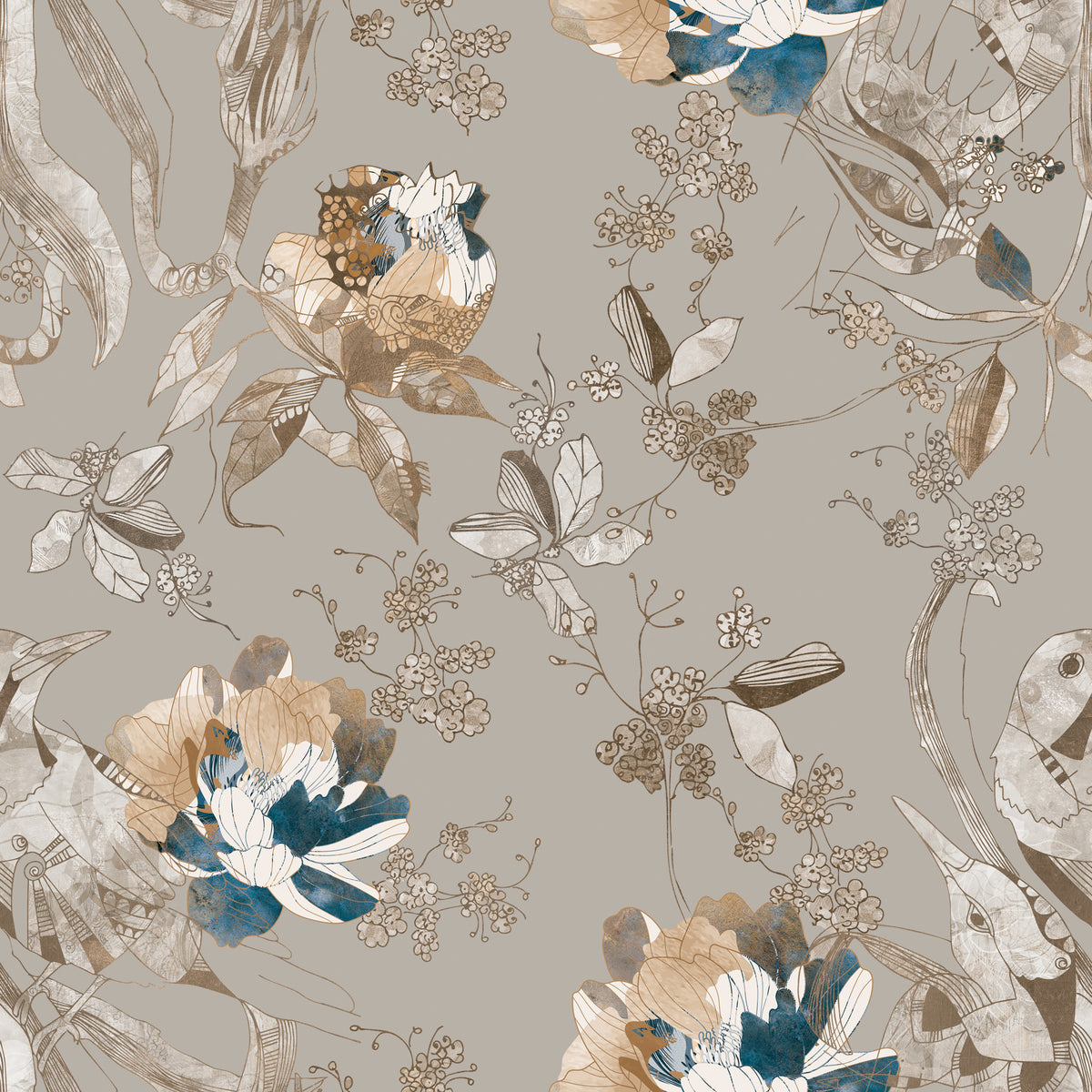 Taupe Vintage Botanical Wallpaper⁠ in your room