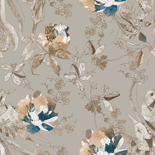 Taupe Vintage Botanical Wallpaper⁠
