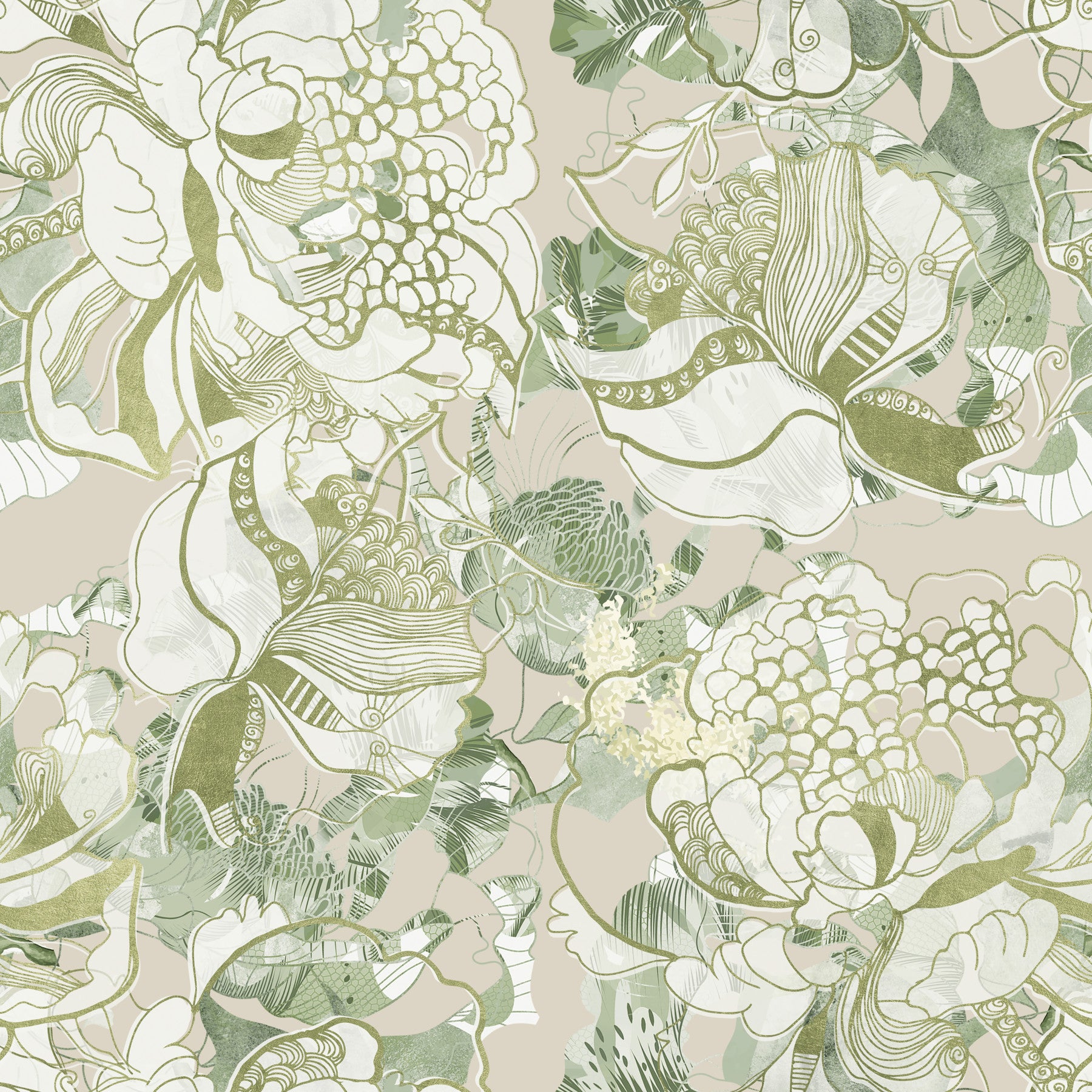 Dining room with sage green peony wallpaper on full 