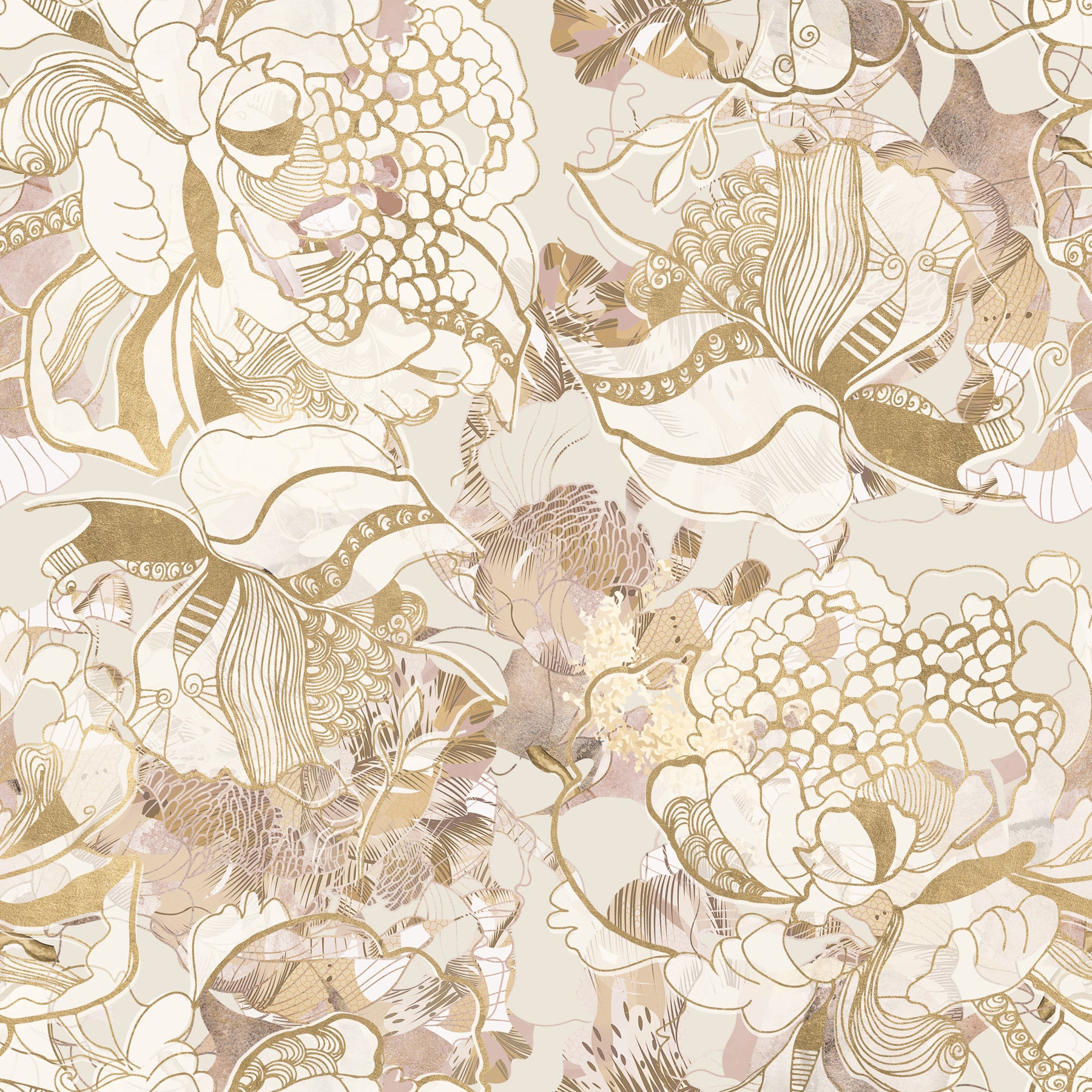 Cream and gold florals fill the living room with Blush Neutral Peony wallpaper.