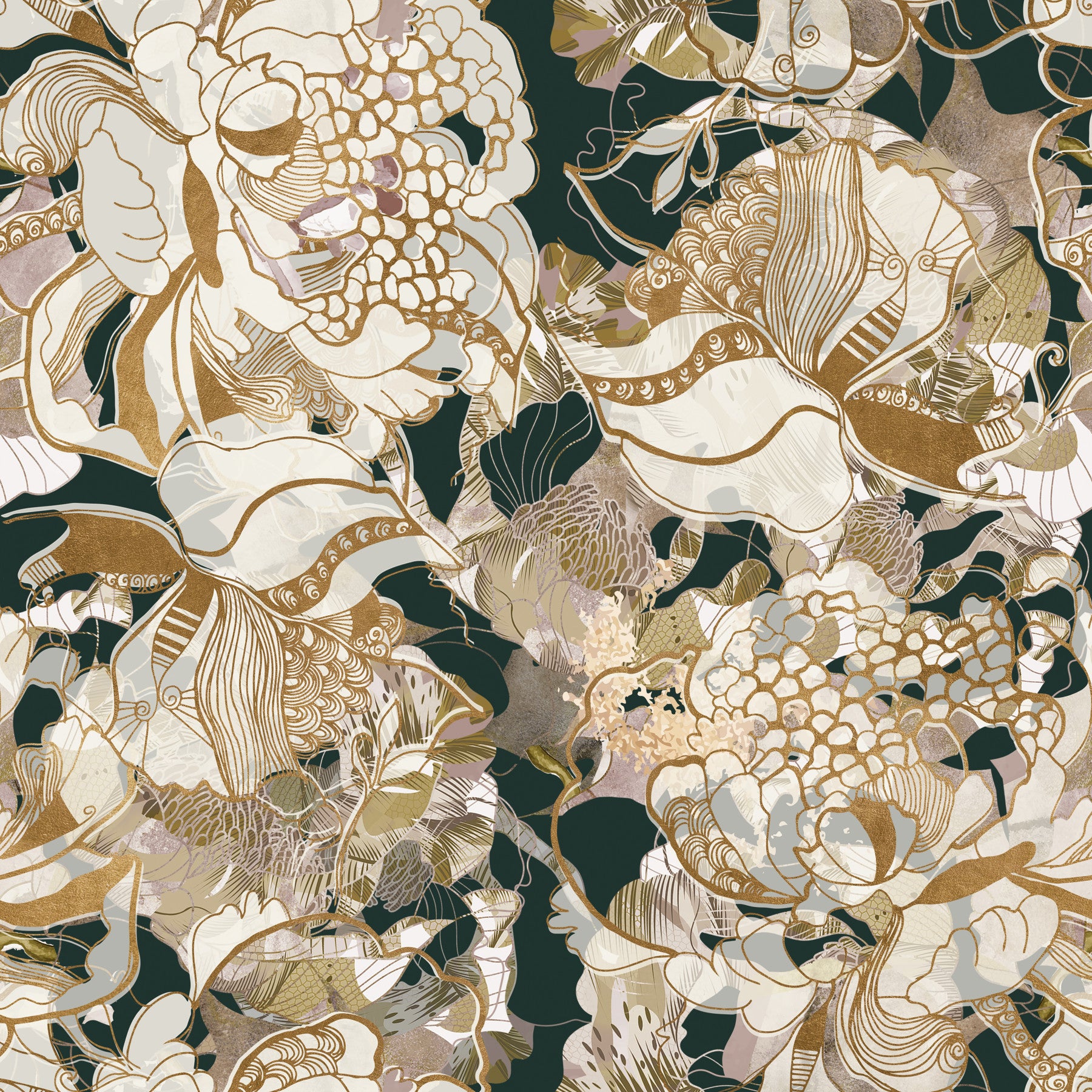 Office area with Dark Botanical Peony Wallpaper in green and gold tones