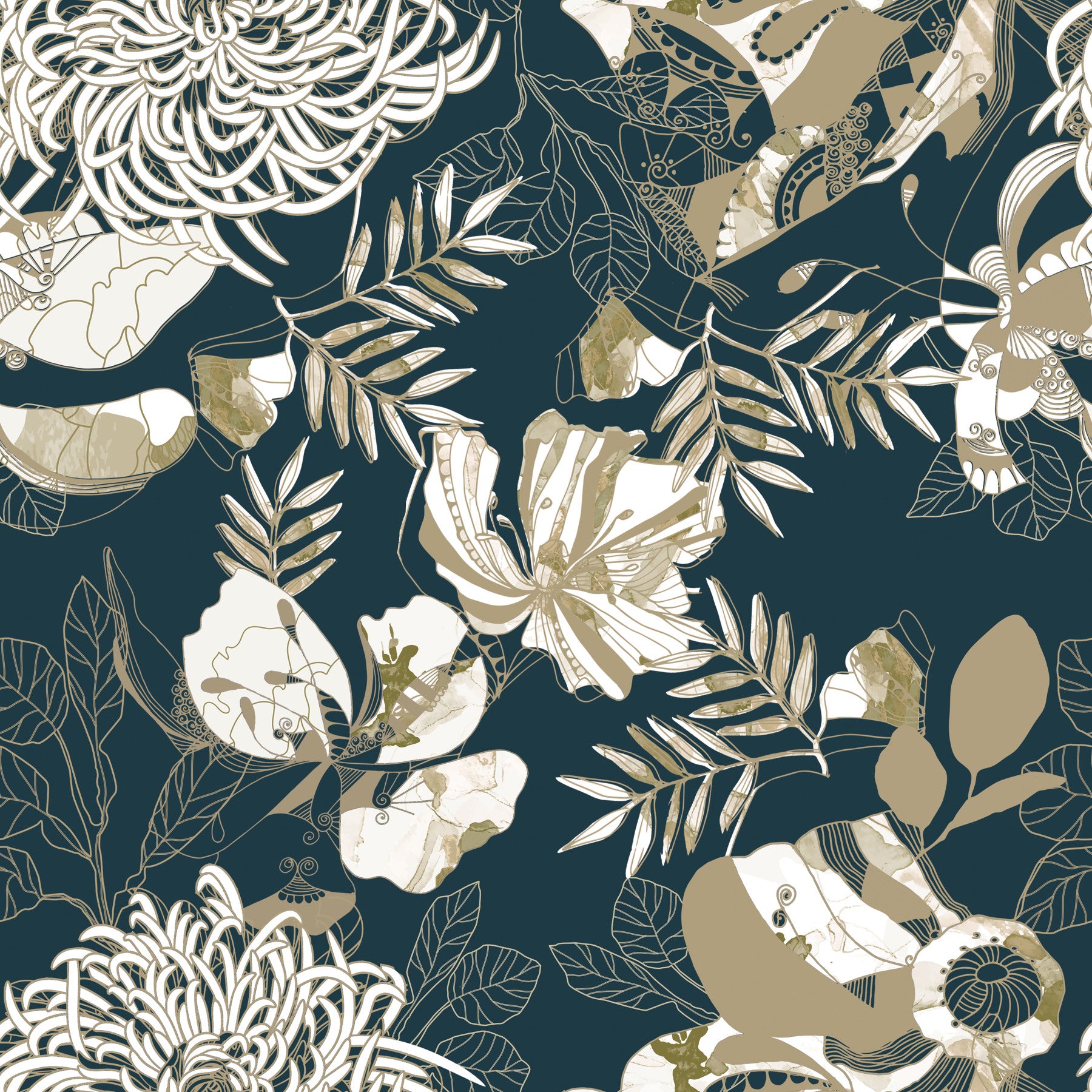 Art Deco Teal Floral Wallpaper⁠