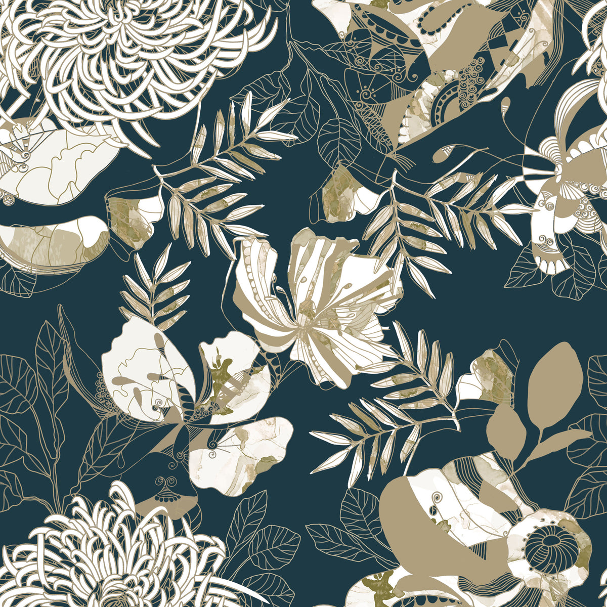 Art Deco Teal Floral Wallpaper⁠ in your room — zoomed
