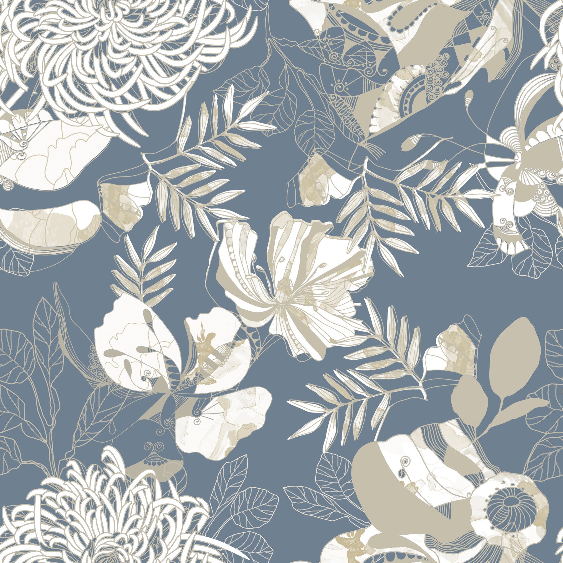 Cool tones bring the bedroom together with Dusty Blue Floral wallpaper.