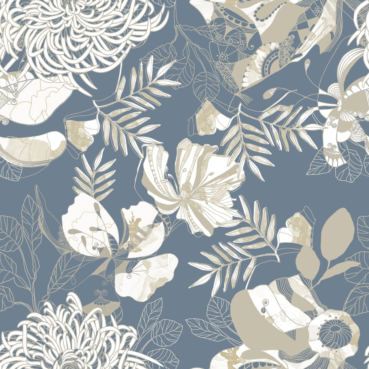 Dusty Blue Floral Wallpaper⁠ in your room — zoomed