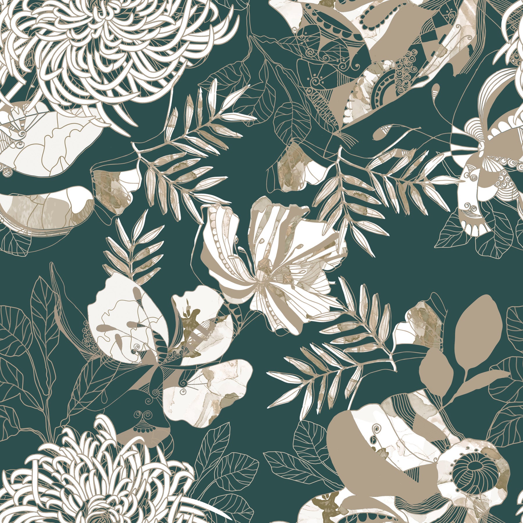 Living room space area with forest green floral wallpaper 