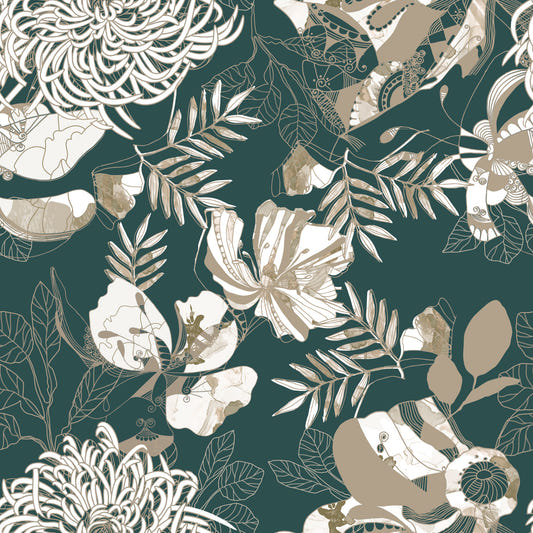 Forest Green Art Deco Floral Wallpaper⁠