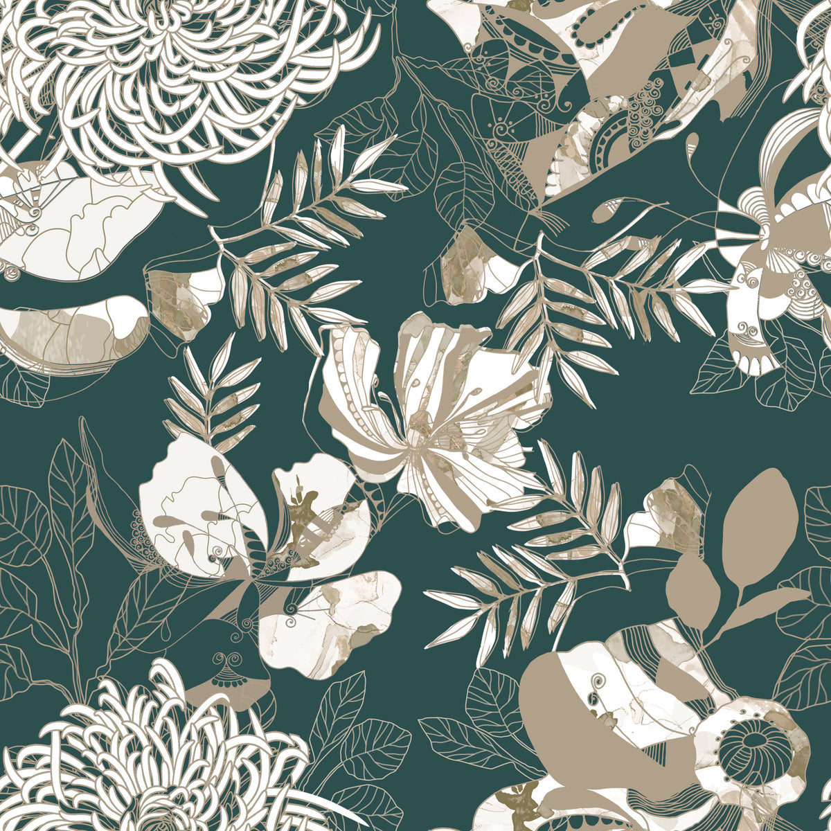 Forest Green Art Deco Floral Wallpaper⁠ in your room