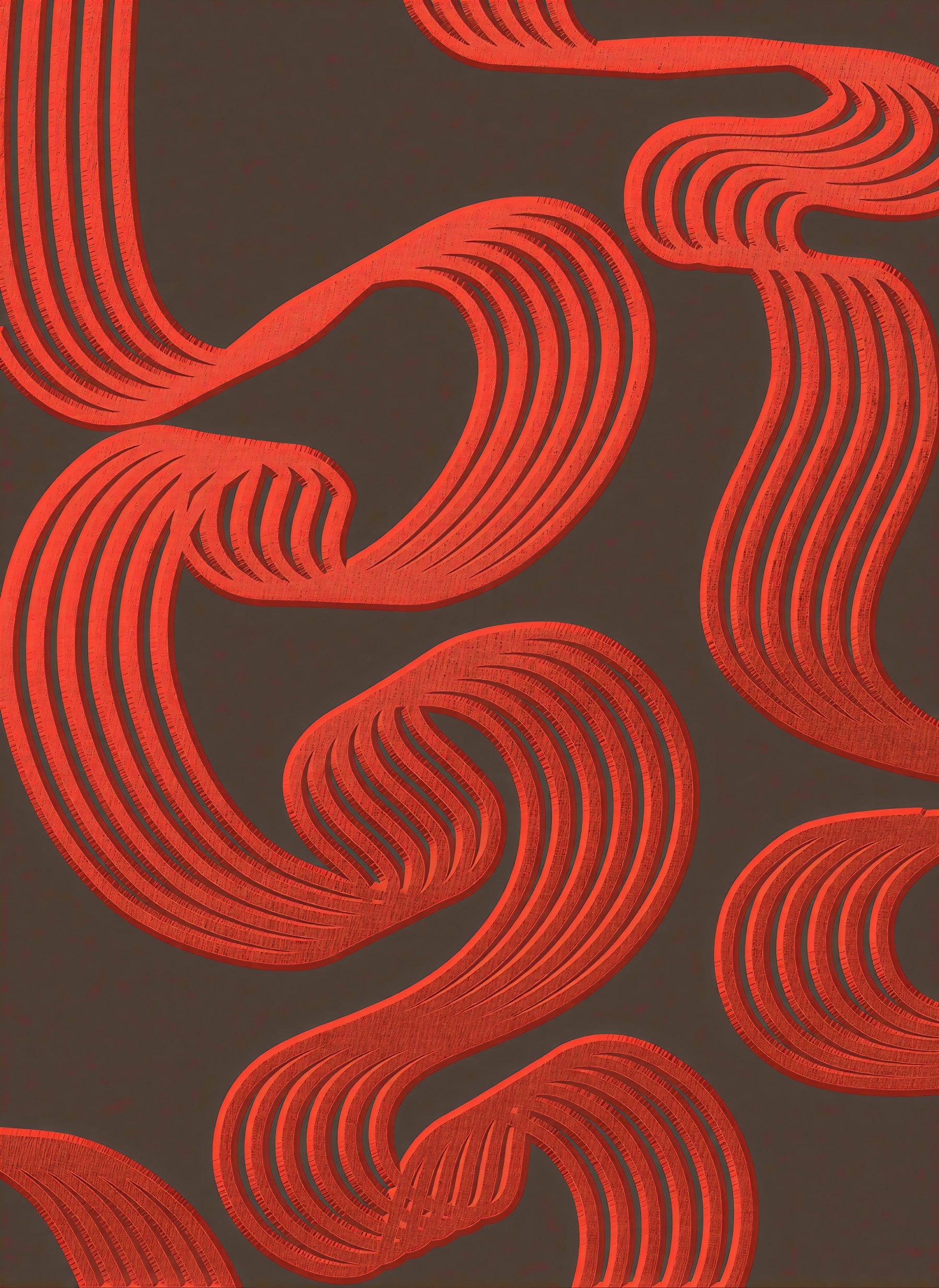 Red ribbon curves sweep through the kitchen with Flowing Ember Lines wall mural.