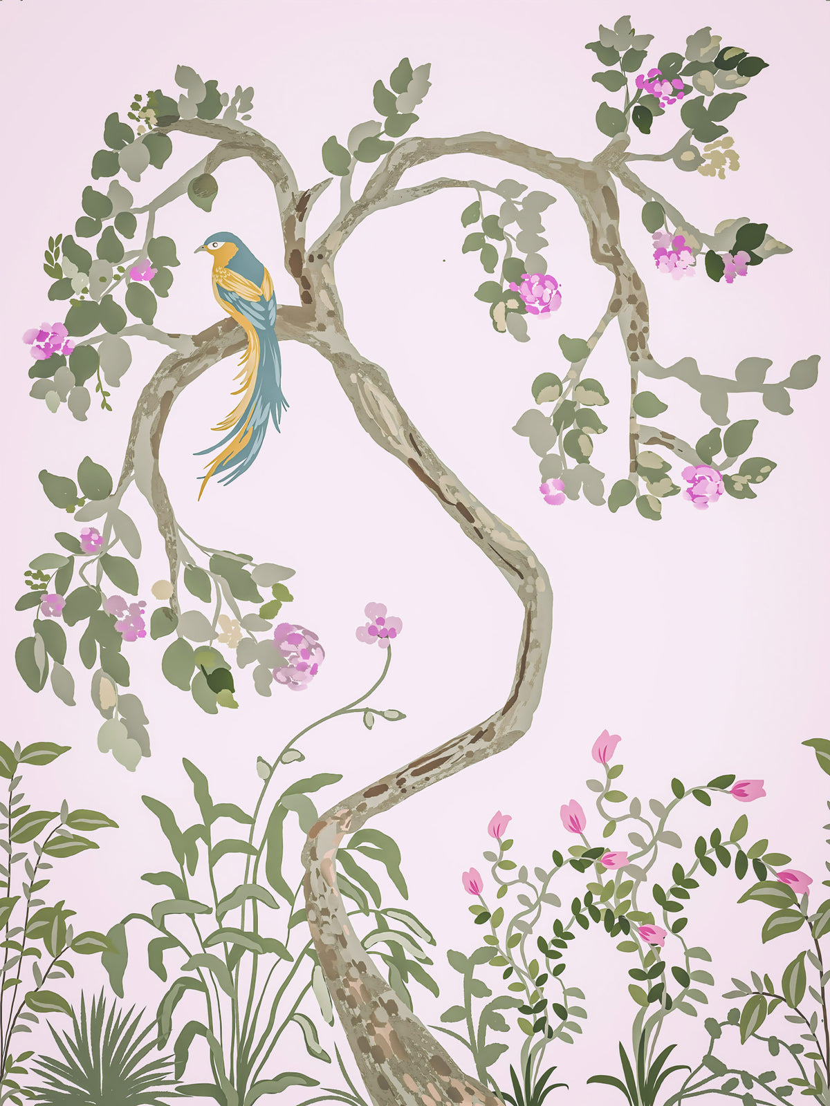 Chinoiserie Garden with Beautiful Birds  Wall Mural