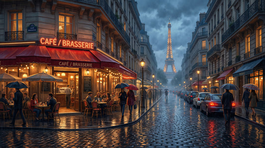 Parisian Glow: Rainy Evening Cafe Wall Mural