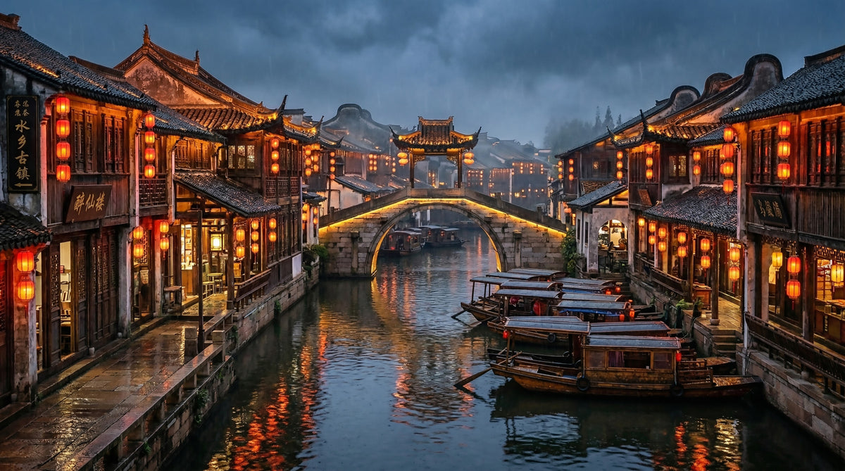Lantern Reflections in Old Town Wall Mural in your room — zoomed