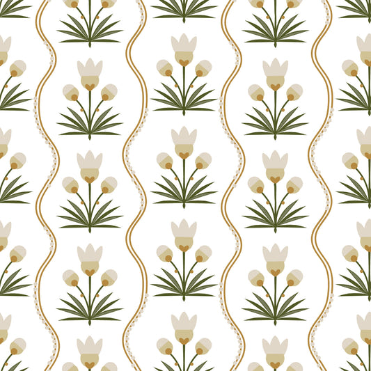 Earthen Floral Grace Symmetrical white minimalist florals  Wallpaper⁠