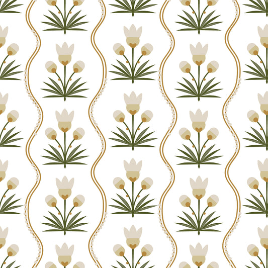 Earthen Floral Grace Symmetrical white minimalist florals  Wallpaper⁠
