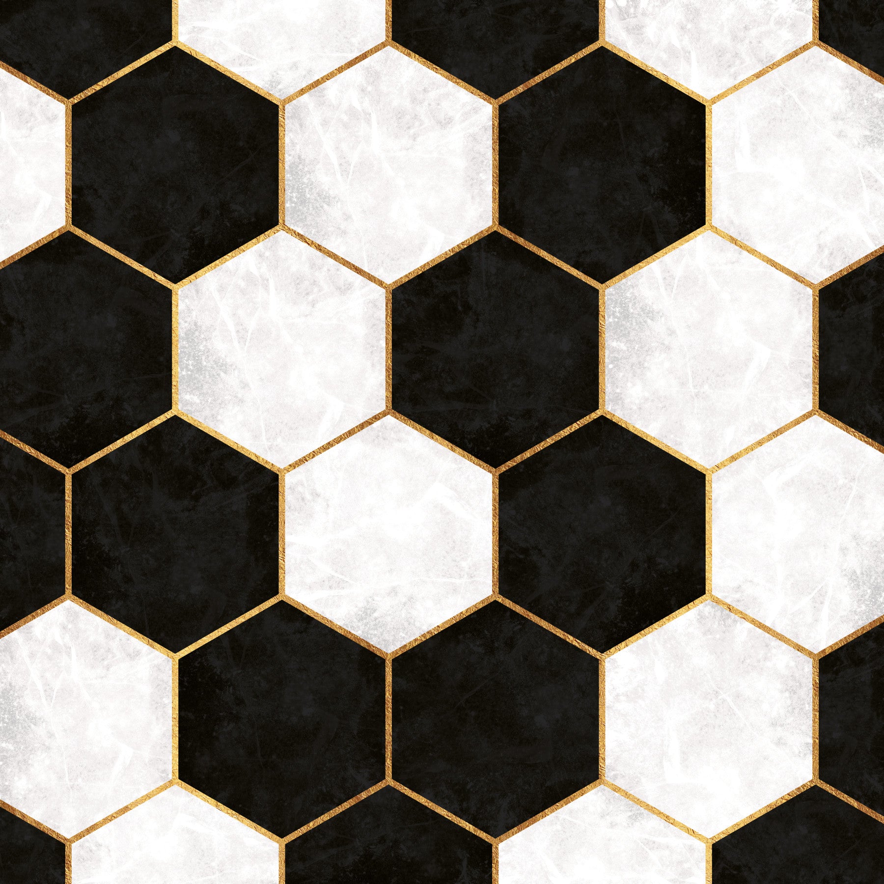 Hexagon wall mural in black, white and gold framing a modern living room space