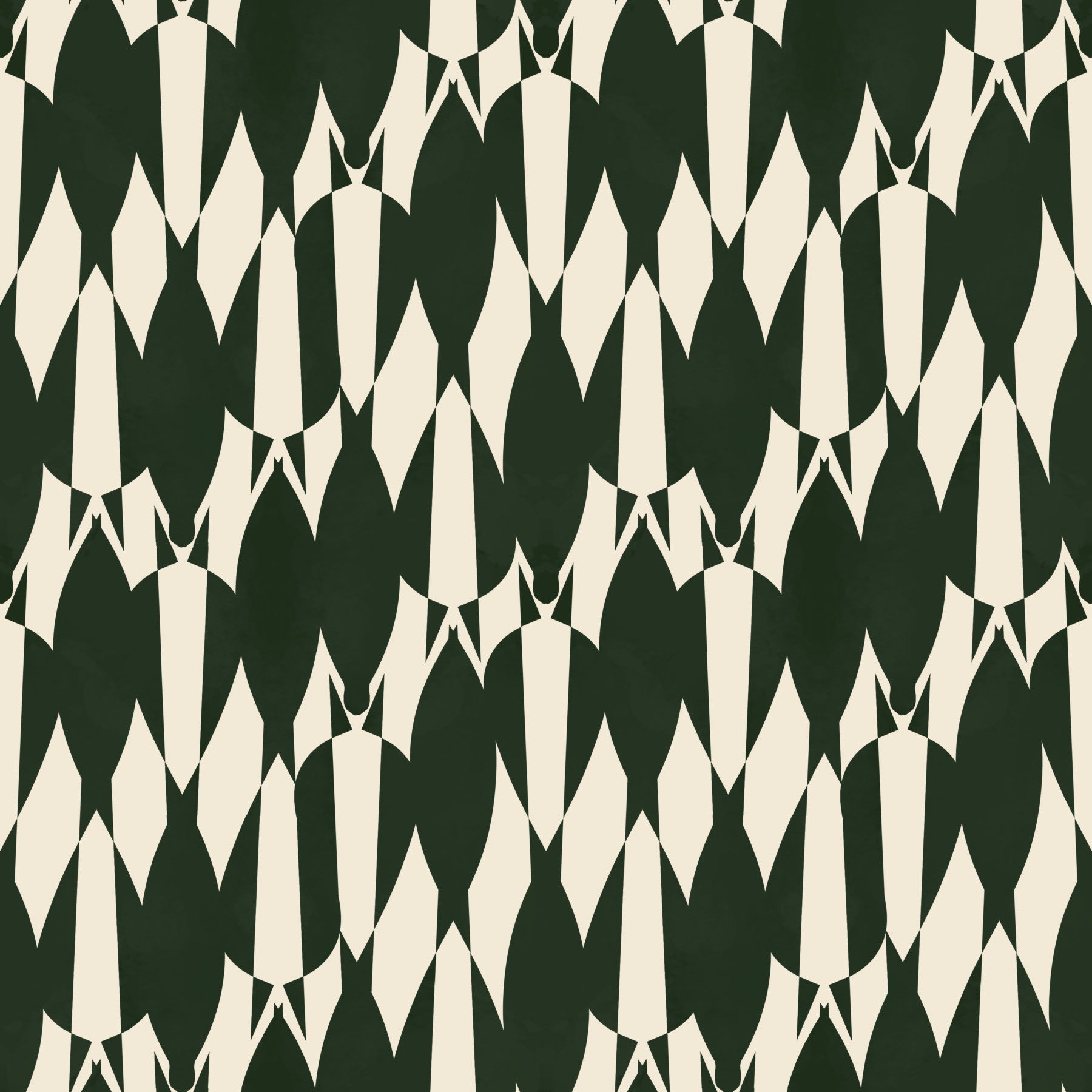 Modern crest wallpaper applied across the dining room in forest green and cream chevron