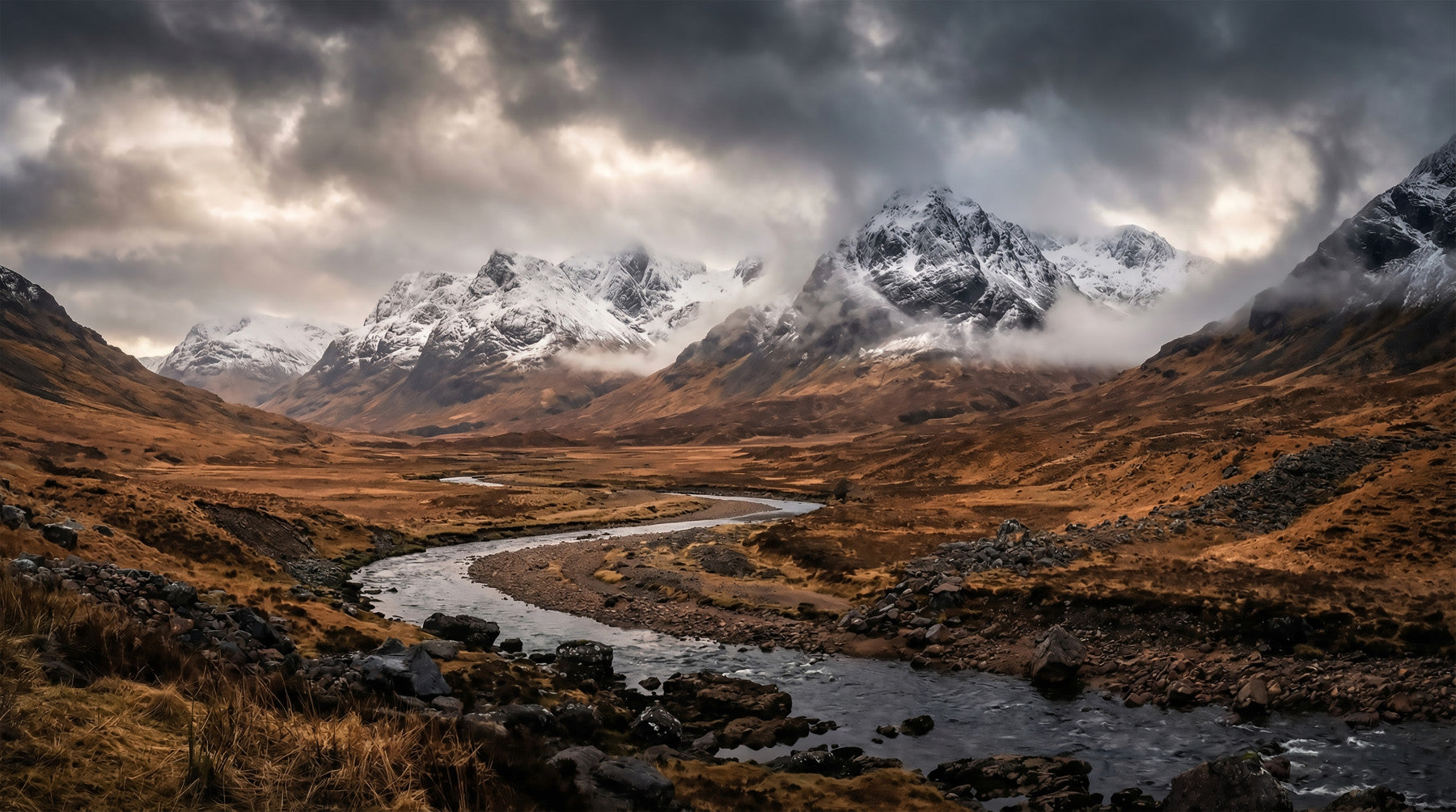 Rugged Mountain Flow wall mural behind a bedroom in dramatic storm cloud tones