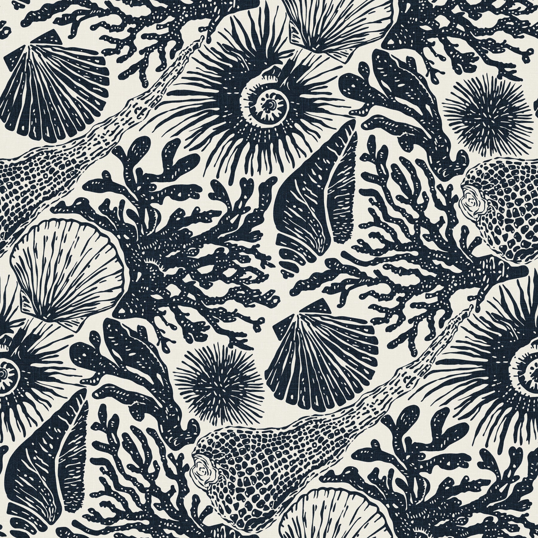 Seashell Coral wallpaper covering a bedroom feature surface in midnight navy