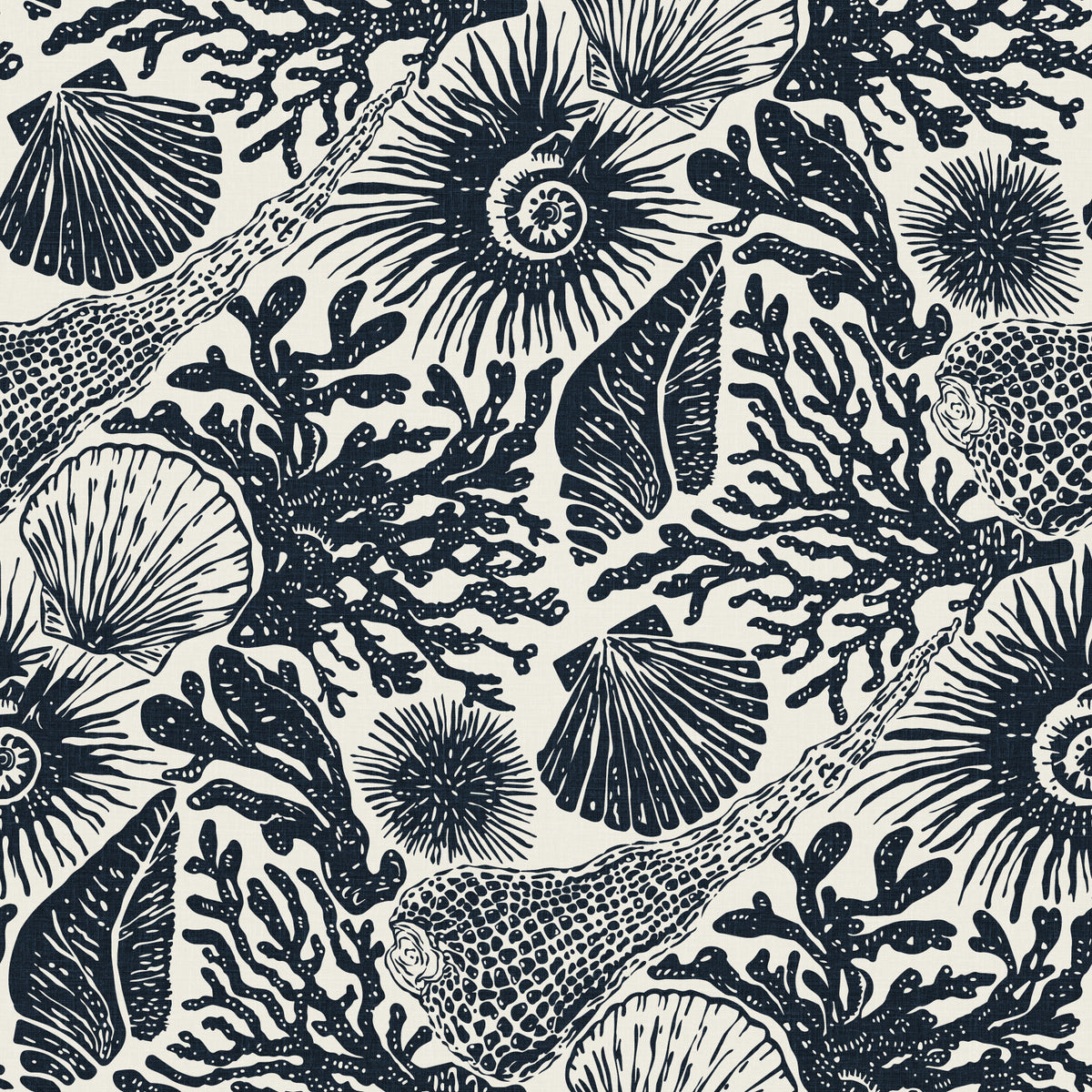 Boho Seashell & Coral Midnight Blue Wallpaper⁠