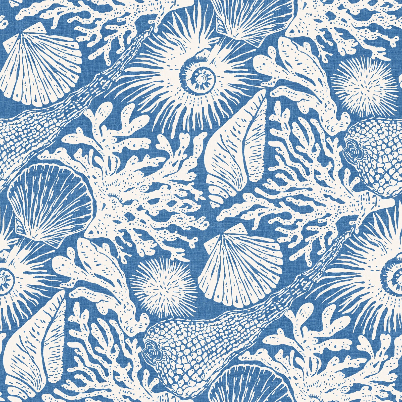 Boho Seashell & Coral Denim Blue Wallpaper⁠