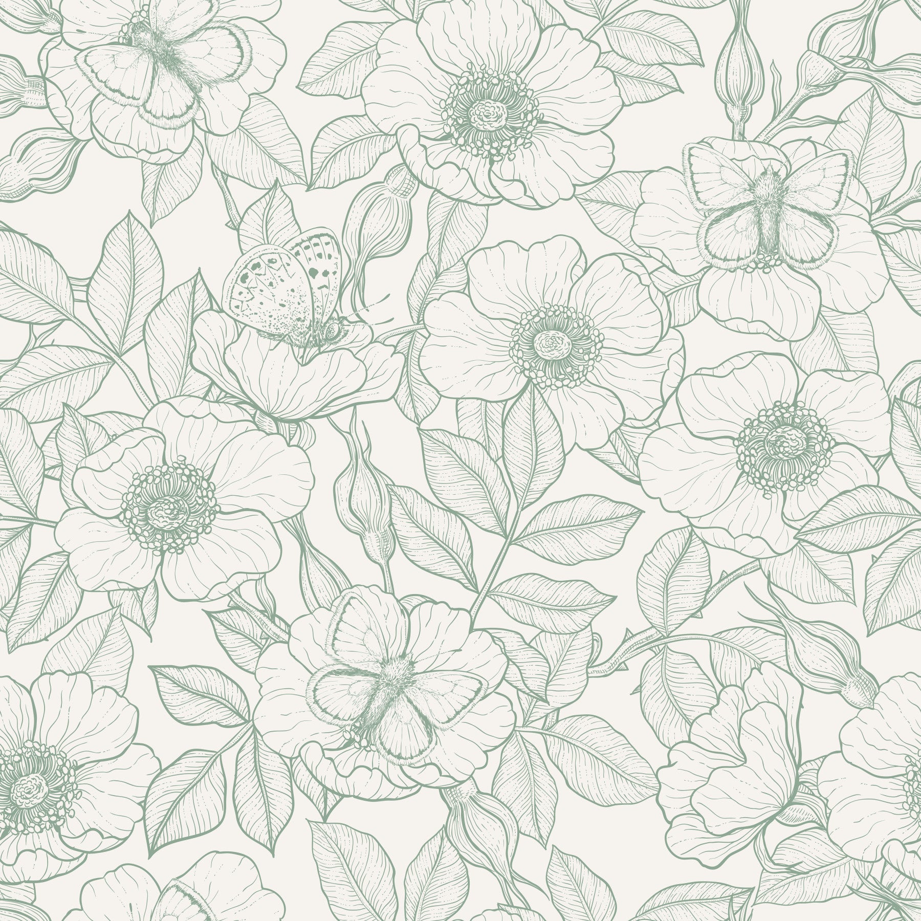 Bedroom dressed in Dog Rose and Butterflies green linework wallpaper