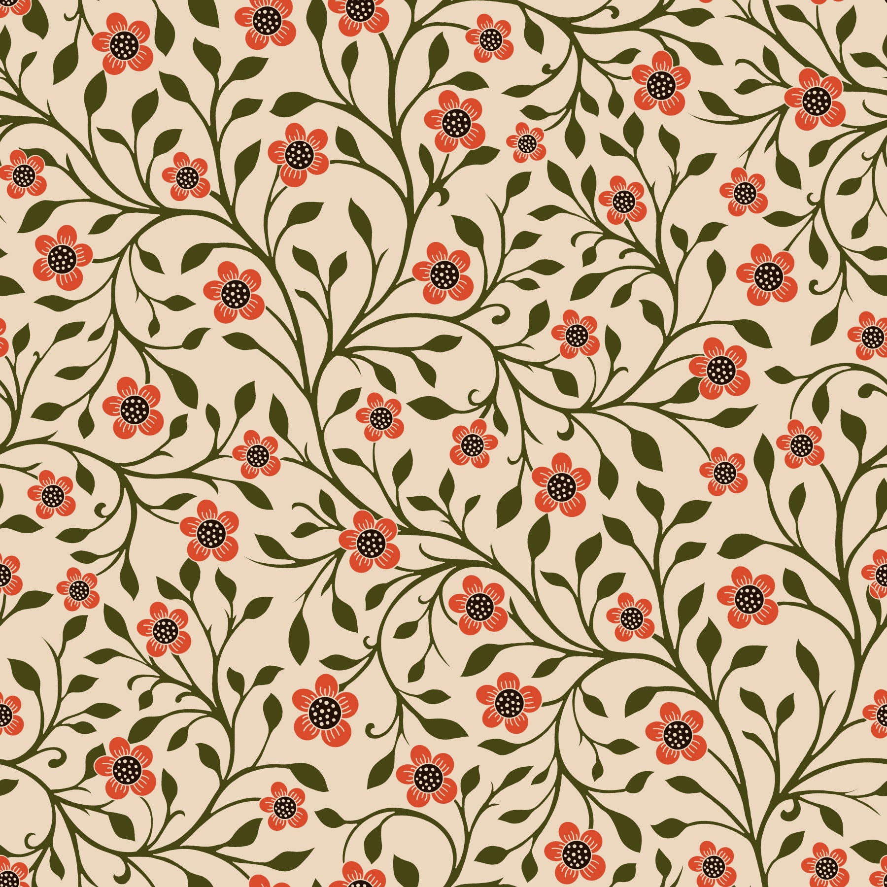 Dining room featuring Warm Folk Floral Vines wallpaper in coral and forest green
