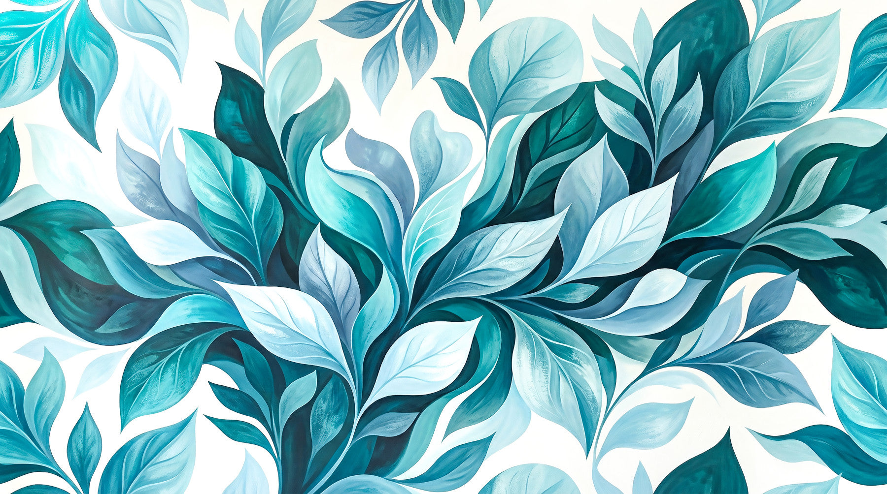 Calm bedroom styled with teal foliage flow wall mural in blue and green