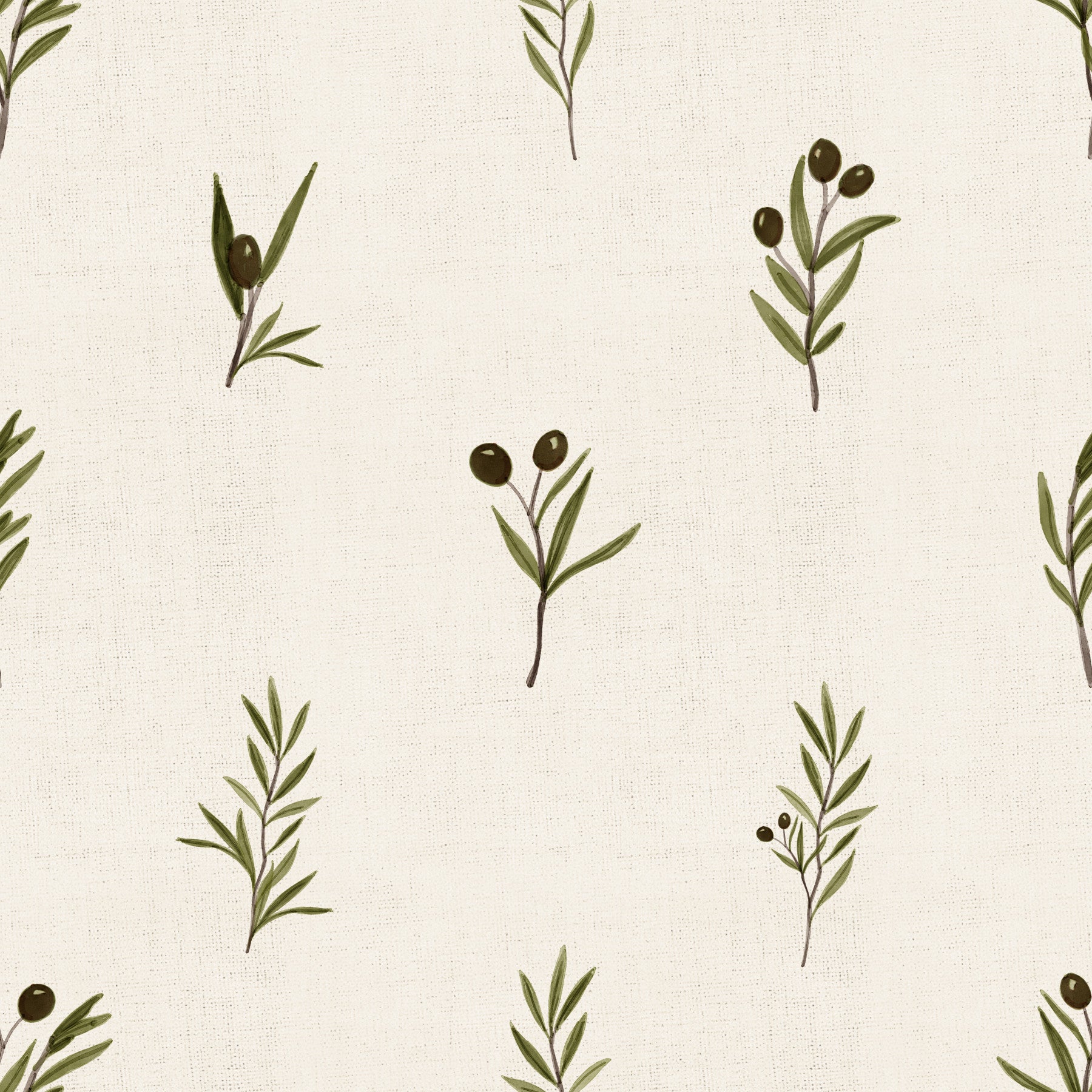 Tuscany Olive Branches On Canvas Wallpaper applied in a bright living room setup.