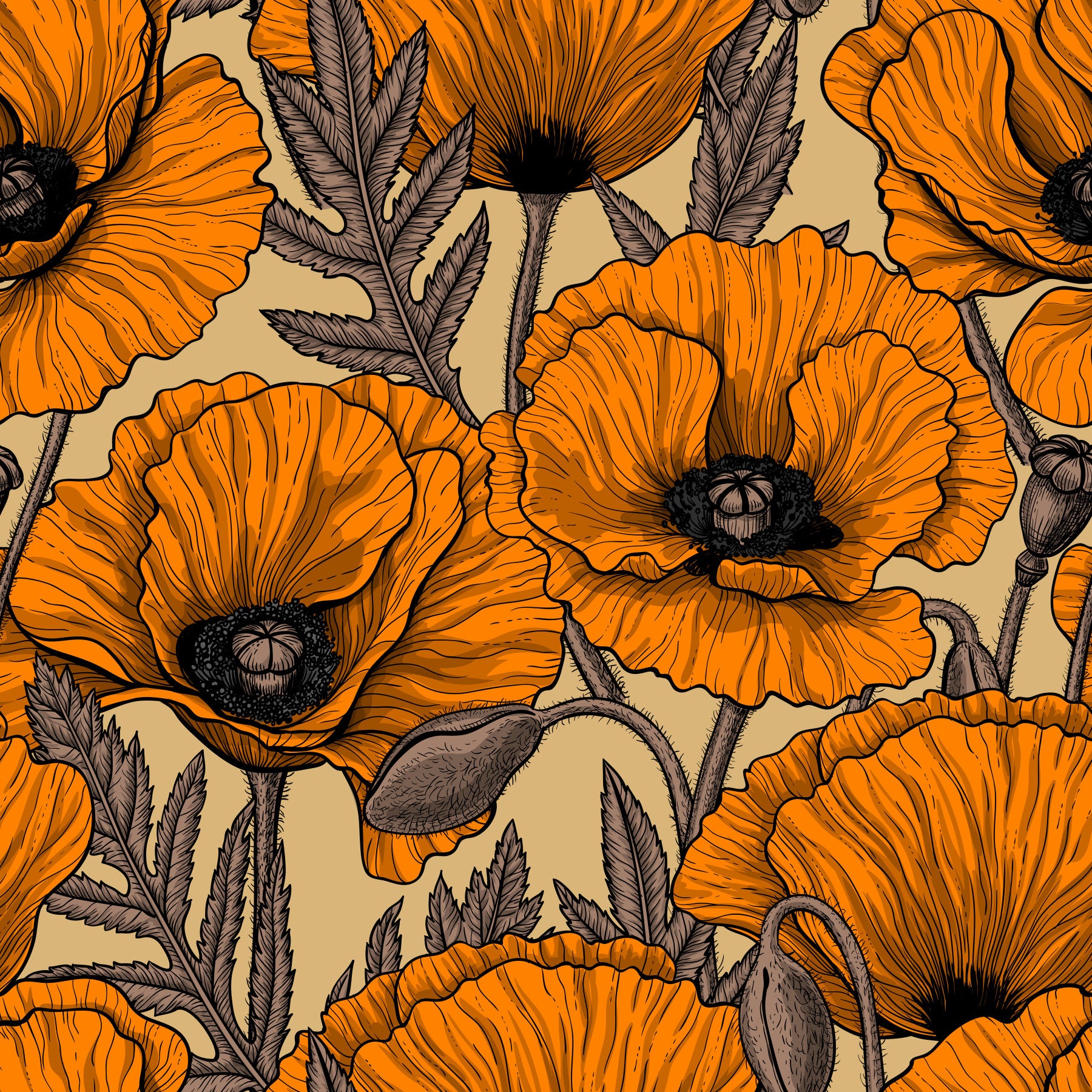 Orange poppy garden Wallpaper installed perfectly in a bright living room.
