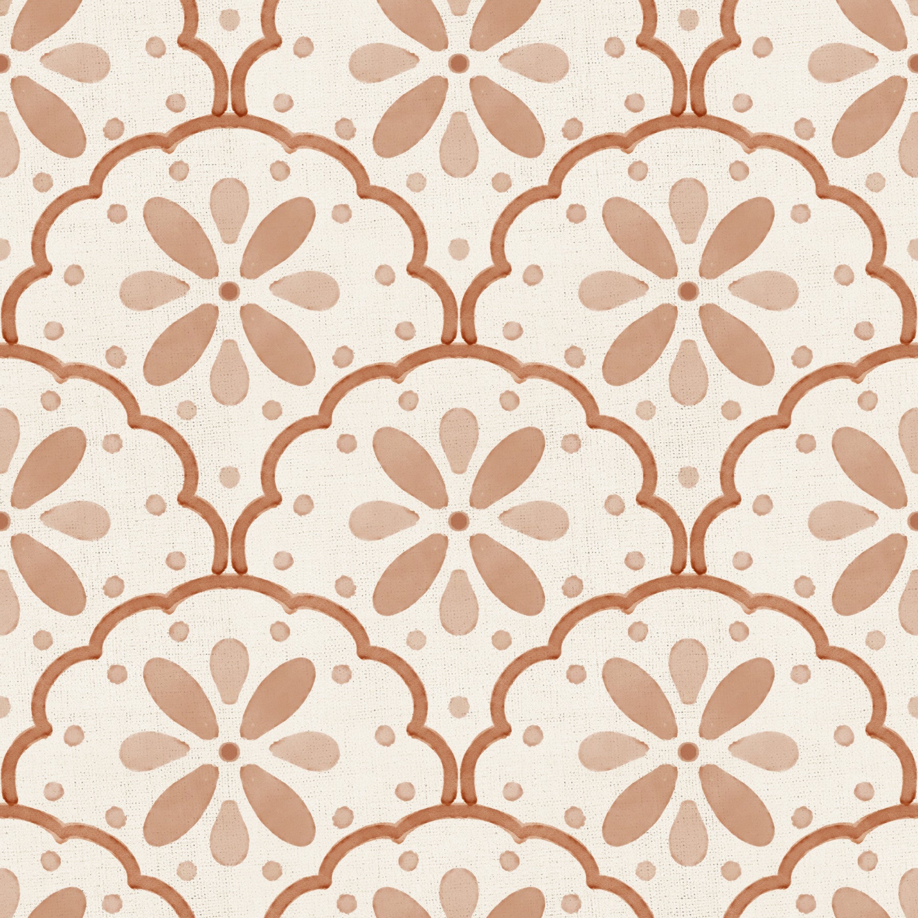 Tuscany Scallop Terracotta wallpaper warms a kitchen-dining setup with painterly fans.