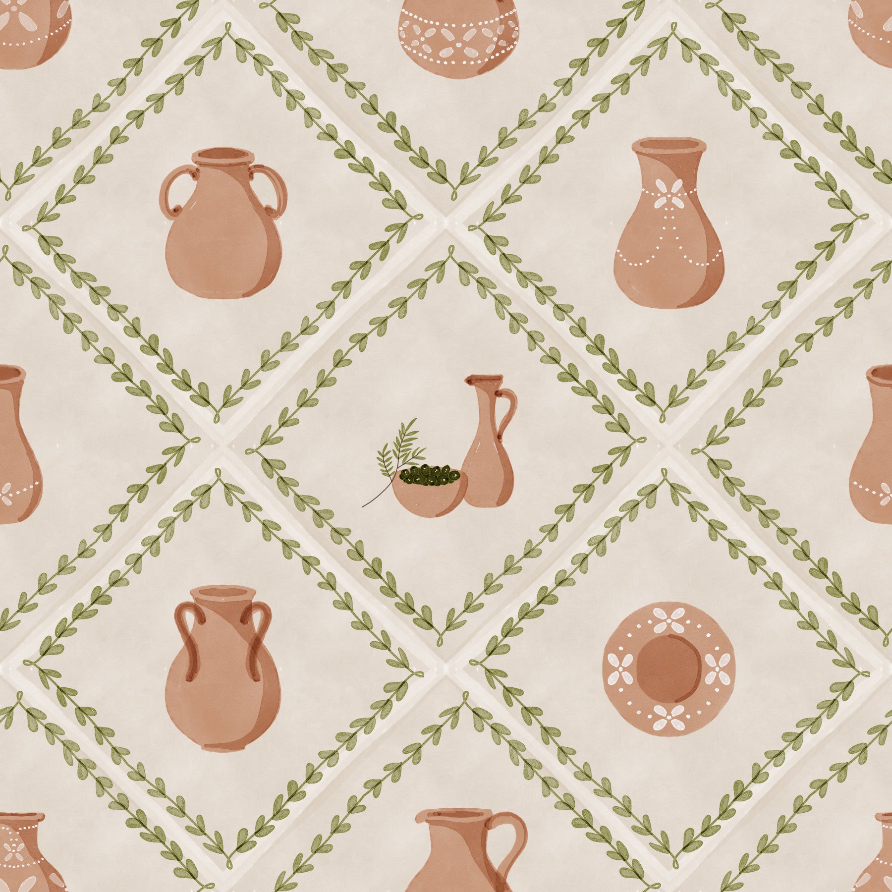 Terracotta jugs and olive vines fill this living room with pottery tile wallpaper.