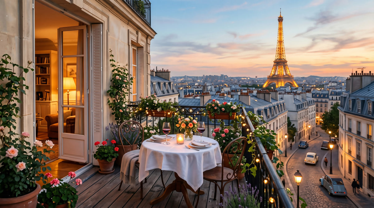 Parisian Balcony Sunset Romance Wall Mural in your room — zoomed