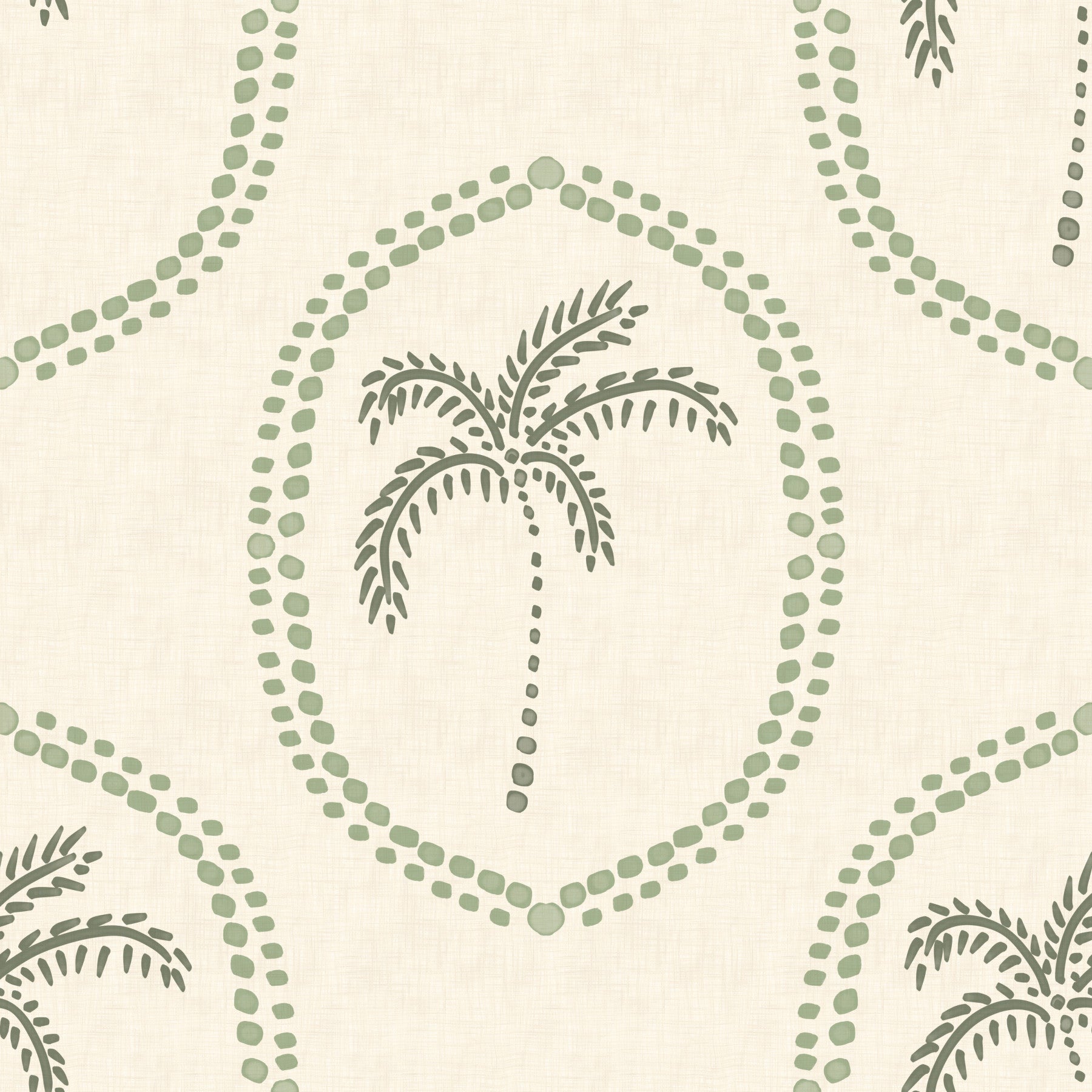Palm Oasis Medallion wallpaper gives a dining room a calm boho backdrop.