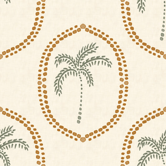 Beachy Boho Palm Oasis Golden Medallion Wallpaper⁠