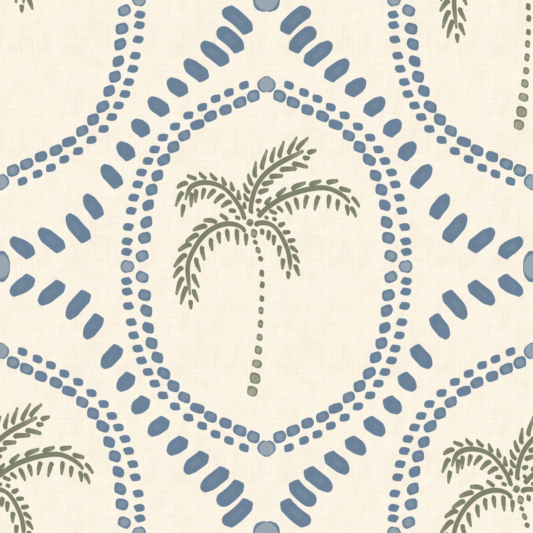 Beachy boho palm oasis wallpaper sets a calm slate-blue tone across this living room
