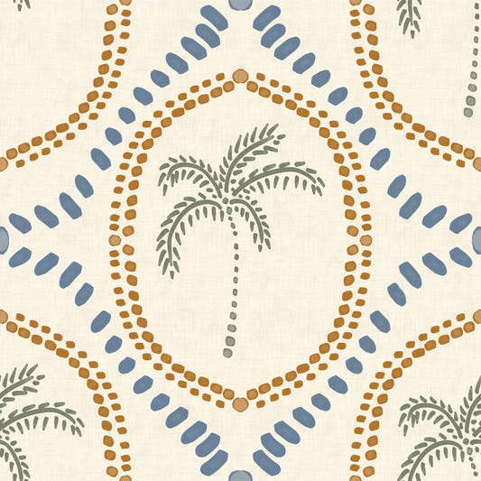 Beachy Boho Palm Oasis Golden & Slate Blue Wallpaper⁠