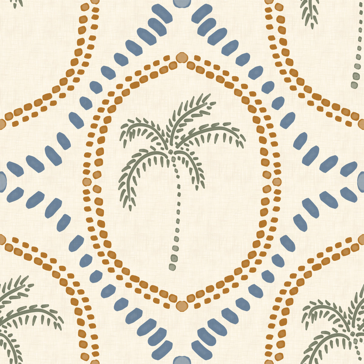 Beachy Boho Palm Oasis Golden & Slate Blue Wallpaper⁠ in your room — zoomed