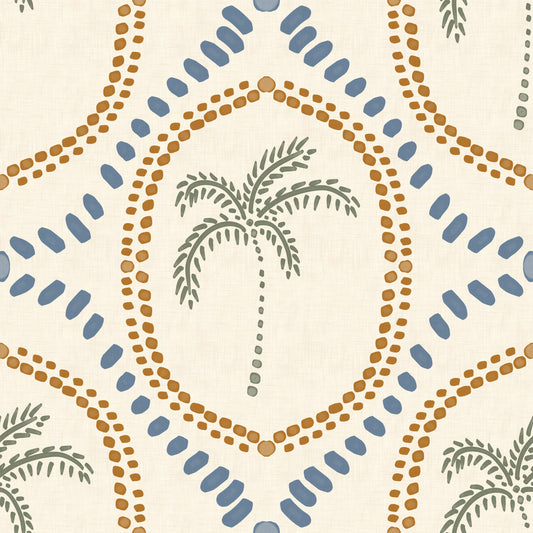 Beachy Boho Palm Oasis Golden & Slate Blue Wallpaper⁠