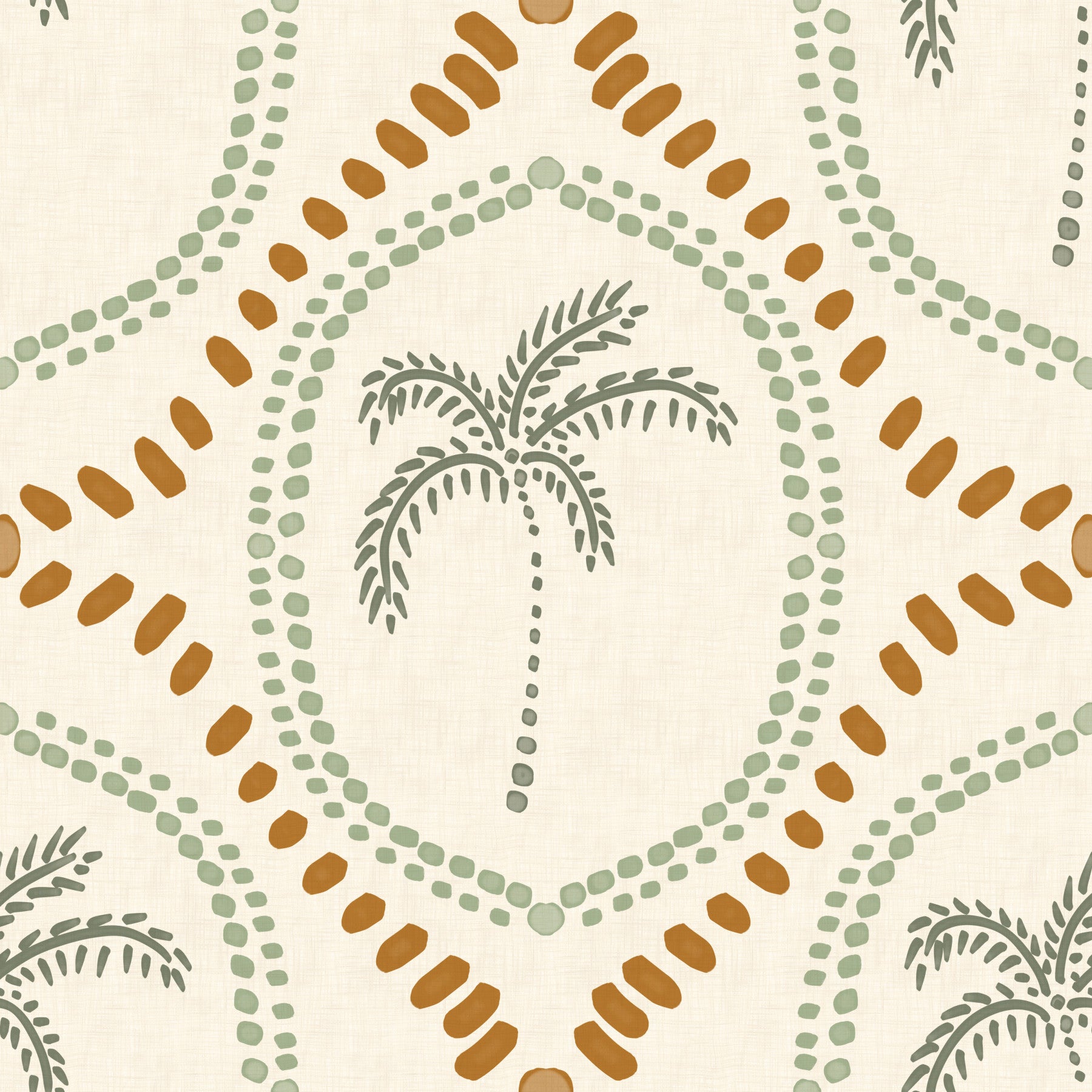 Living room styled with the beachy boho palm oasis wallpaper.