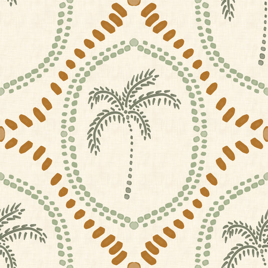 Beachy Boho Palm Oasis Costal Green & Golden Wallpaper⁠