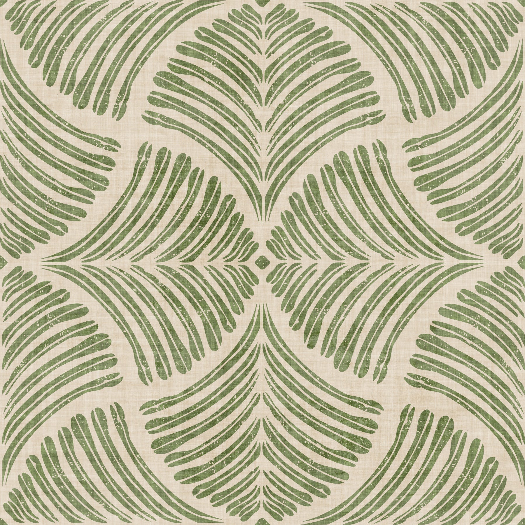 Olive fan motif anchoring a serene dining room as Japandi-style wallpaper.