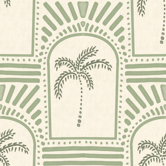 Tropical Palm Art Deco Archways Costal Green Wallpaper⁠