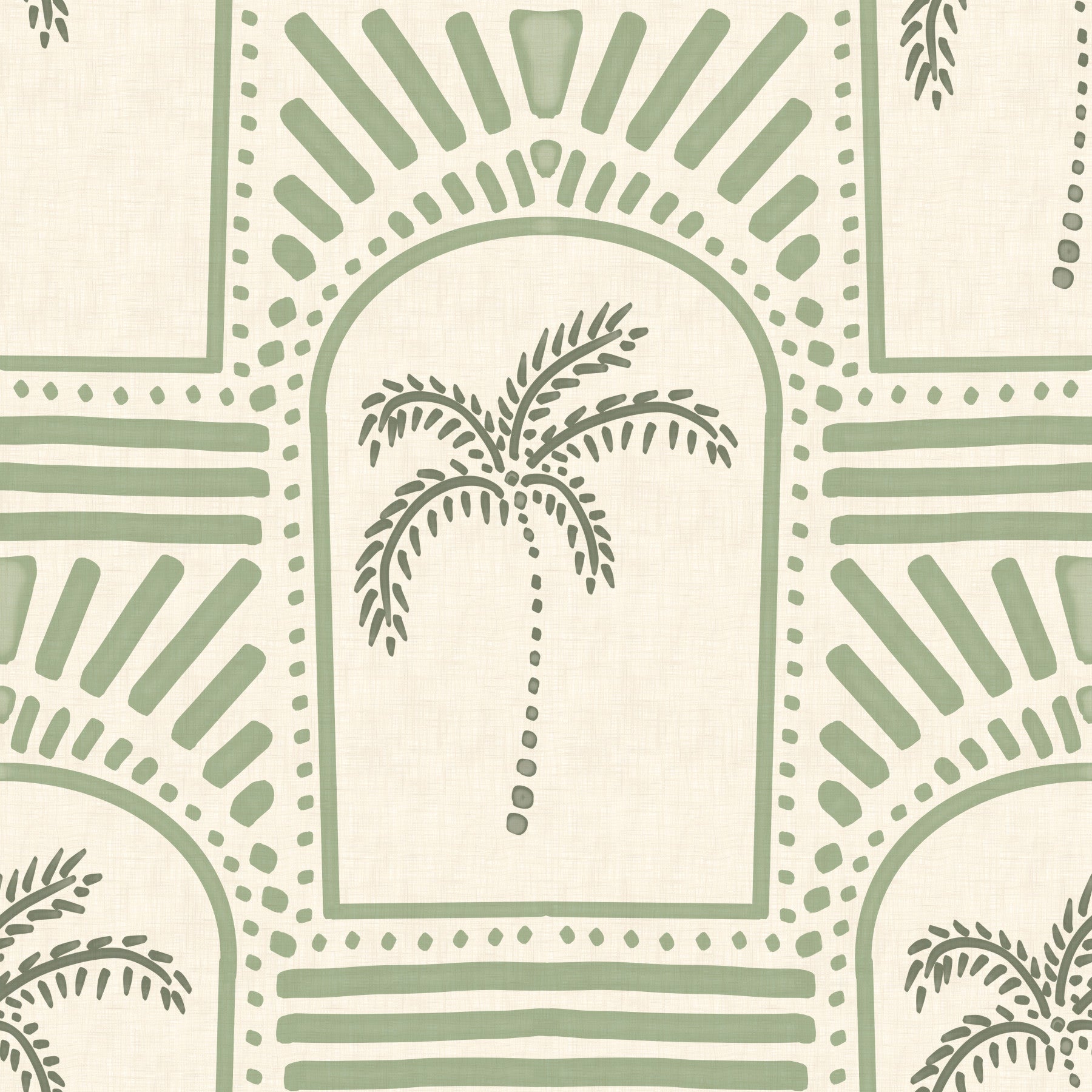 Tropical Palm Art Deco Archways Costal Green Wallpaper⁠