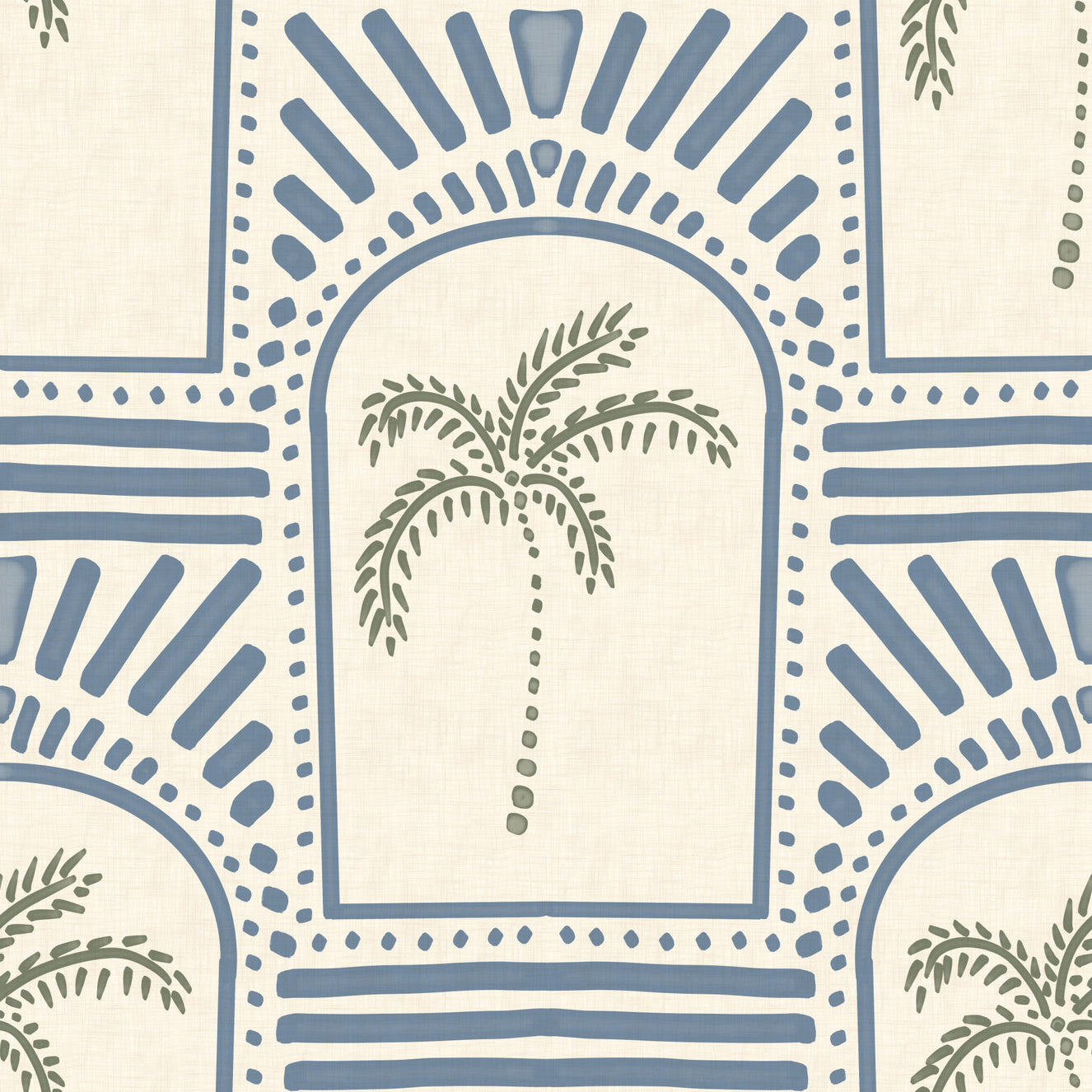 Tropical Palm Art Deco Archways Slate Blue Wallpaper⁠