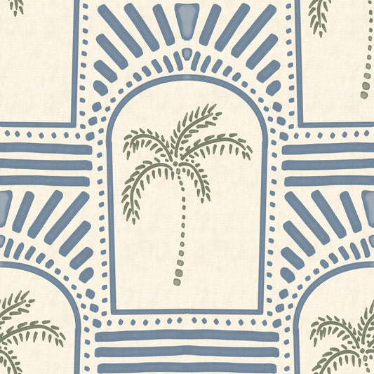 Tropical Palm Art Deco Archways Slate Blue Wallpaper⁠