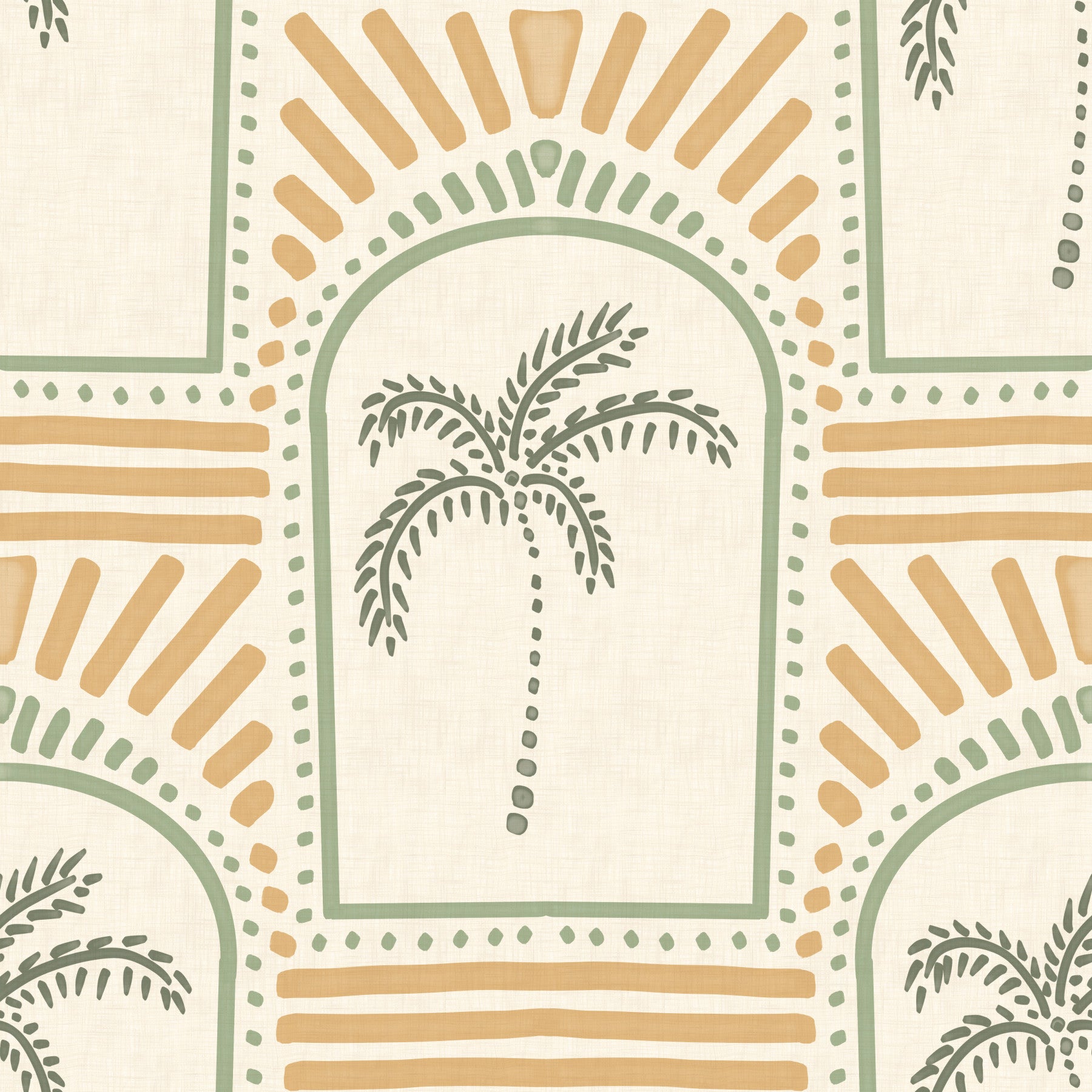 Living room enriched by the beautiful Tropical Palm Art Deco Archways Costal Green & Sand Wallpaper.