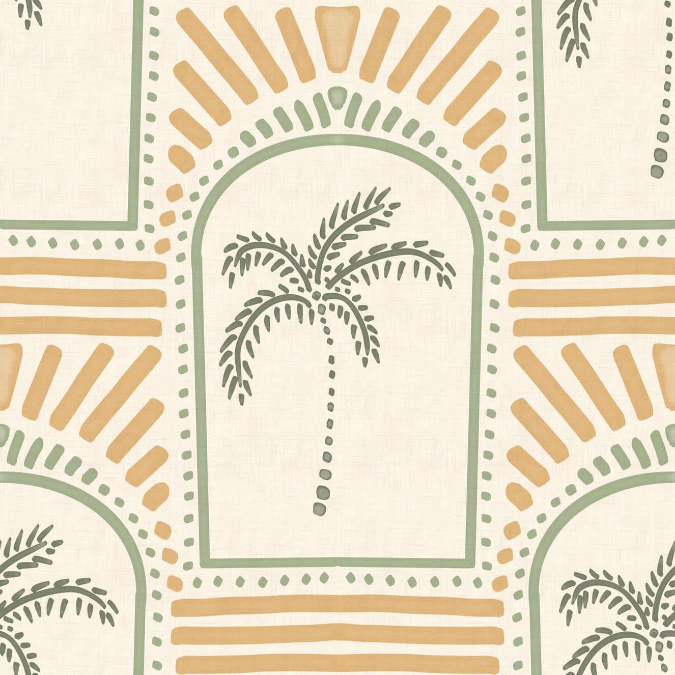 Tropical Palm Art Deco Archways Costal Green & Sand Wallpaper⁠